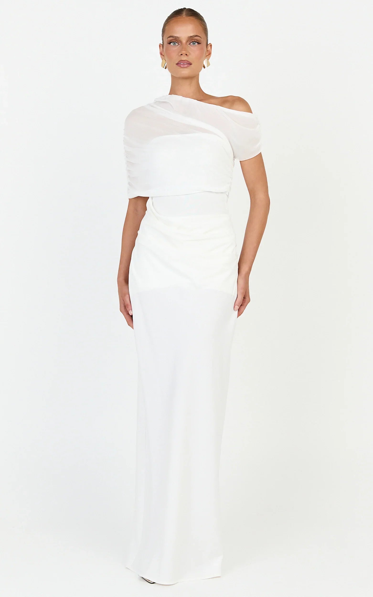 Nami Maxi Dress - Overlay Off Shoulder Draped Cowl Waist Dress in White