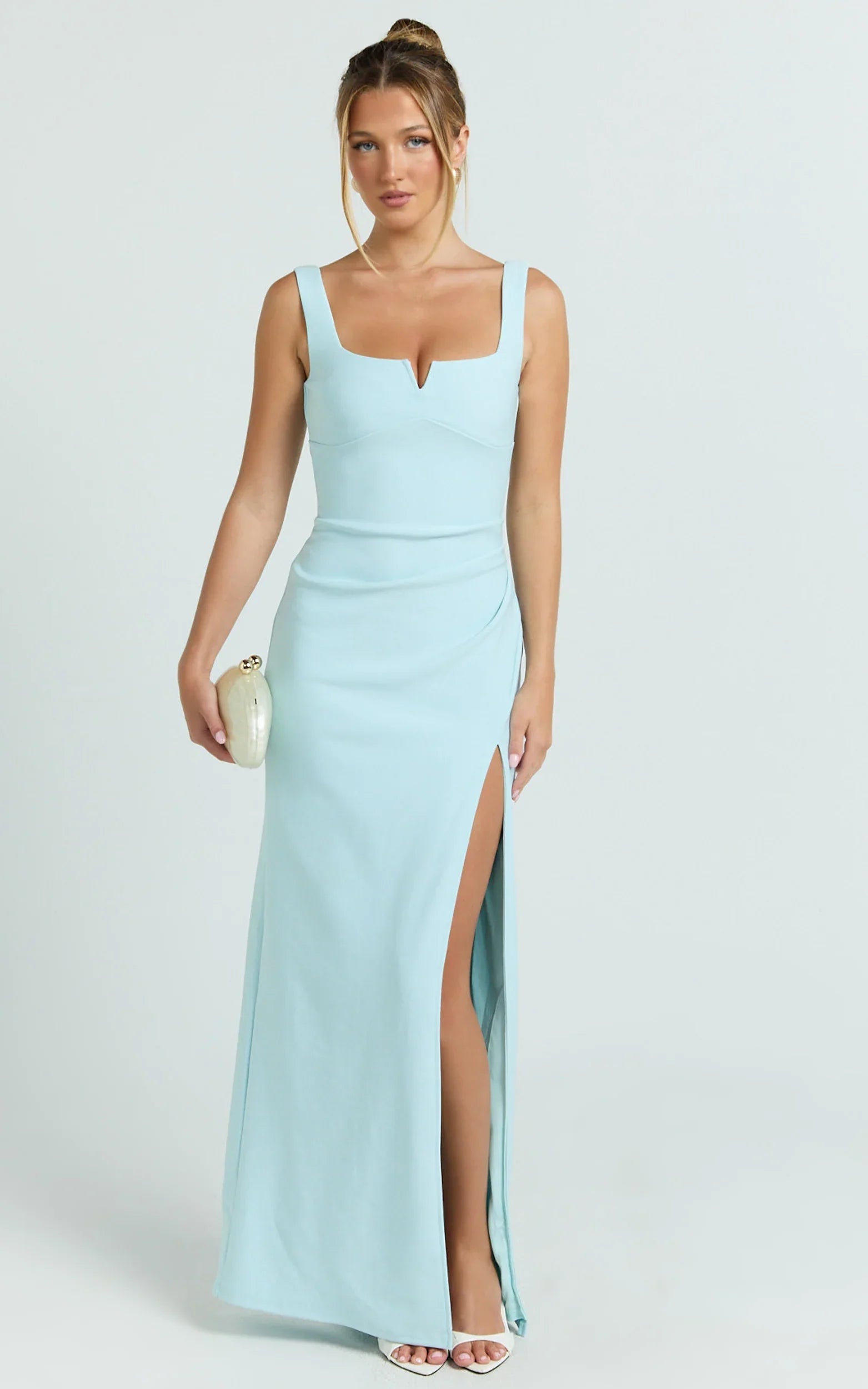 Thelma Maxi Dress - Square Neck Bodycon Dress in Light Blue