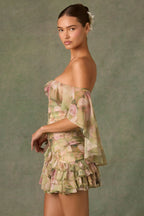 Off-Shoulder Ruffled Mini Dress in Floral Multi Print