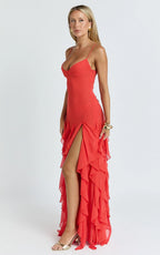 Maeve Maxi Dress - V Neck Ruffle Tier Slip Dress in Chilli