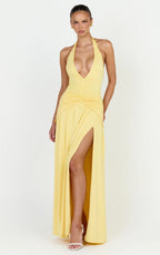 Phoenix Maxi Dress - Halter Neck Gold Trim Jersey Dress in Yellow