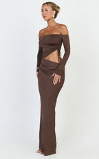 Tallulah Maxi Dress - Off Shoulder Long Sleeve Side Ruched Cut Out Dress in Chocolate