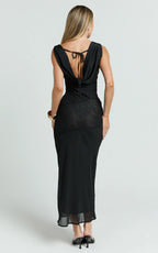 Nova Midi Dress - Lace Cowl Neck Tie Back Dress in Black