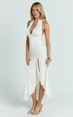 Carmela Midi Dress - Gather Bust and Shoulder Strap With Front Leg Split Dress in Off White