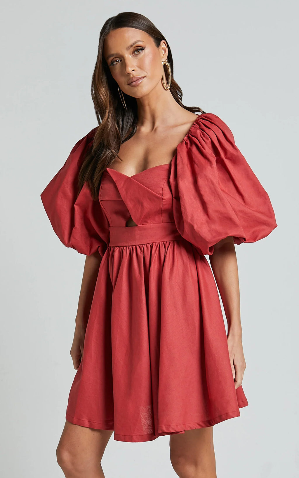 Amalie The Label - Penelopia Linen Look Blend Puff Sleeve Twist Bodice Mini Dress - In Vermilion