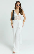 Luna Top - Satin and Lace Tie Back Long Line Top in Ivory