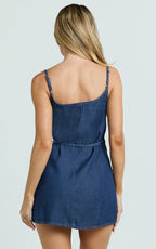Ramira Mini Dress - Denim Halter Neck Wrap Tie Mini Dress in Raw