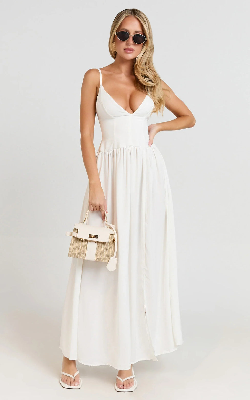 Jamilla Midi Dress - Plunge Drop Waist High Leg Split Dress in Off White