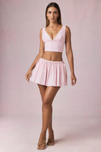 Ruched Drawstring Mini Skirt in Soft Mauve Stripe
