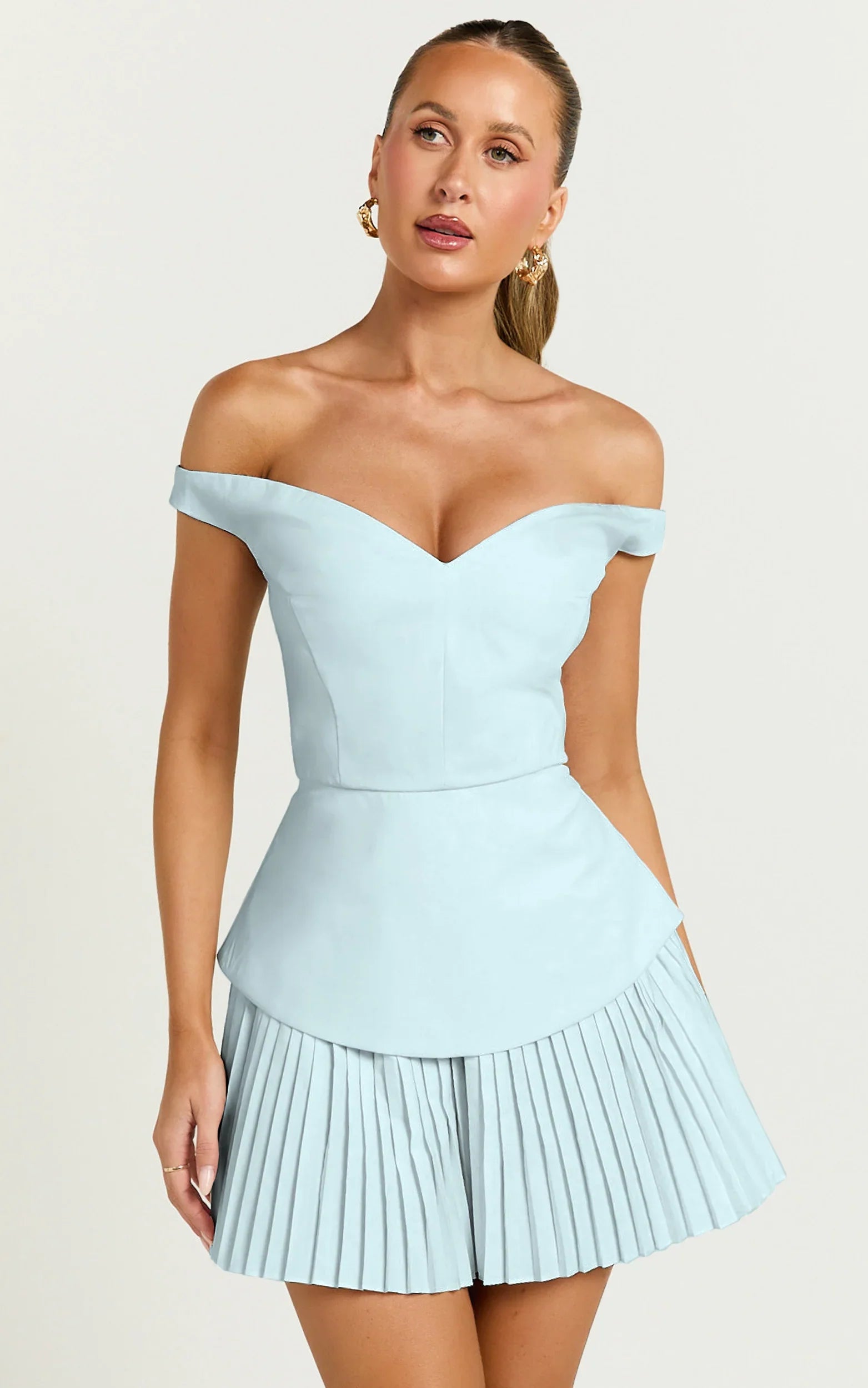 Izara Mini Dress - Off Shoulder Pleated Dress in Blue