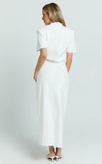 Tonya Maxi Dress - Square Shoulder Twist Leg Split Dress in White