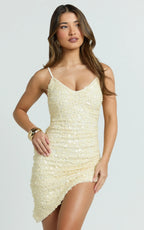 Celeste Mini Dress - Sequin V Neck Asymmetrical Dress in Lemon