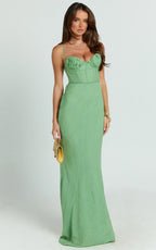 Jameela Maxi Dress - Strappy Sweetheart Neck Gathered Tie Back Dress in Green