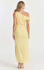 Cincinnati Midi Dress - Off The Shoulder Side Split Column Linen Dress in Lemon