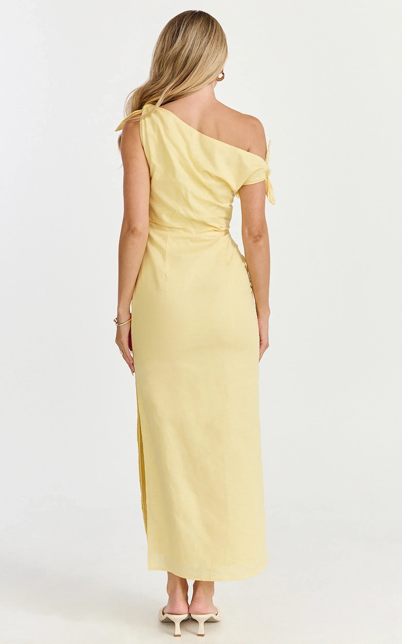 Cincinnati Midi Dress - Off The Shoulder Side Split Column Linen Dress in Lemon