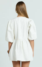 Shailene Mini Dress - Tie Front Puff Sleeve Recycled Denim Dress in Ecru