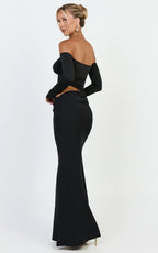 Tallulah Maxi Dress - Off Shoulder Long Sleeve Side Ruched Cut Out Dress in Black