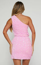 Lucy Mini Dress - One Shoulder Sequin Dress in Pink