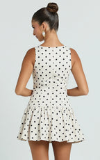 Brooke Mini Dress - Boat Neck Drop Waist Dress in Cream Polka Dot