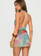 Angel Of Luck Halter Plunge Mini Dress Blue Multi