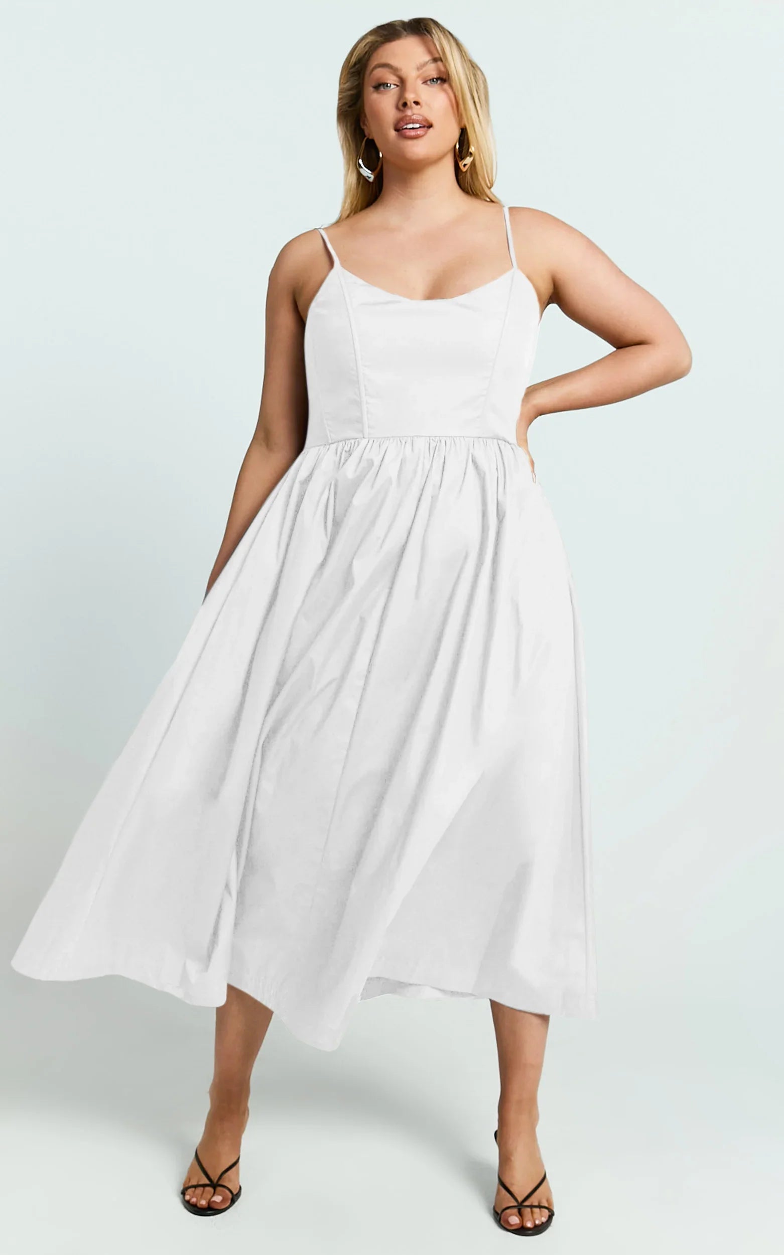 Braelyn Midi Dress - Scoop Neck Flare Dress in White