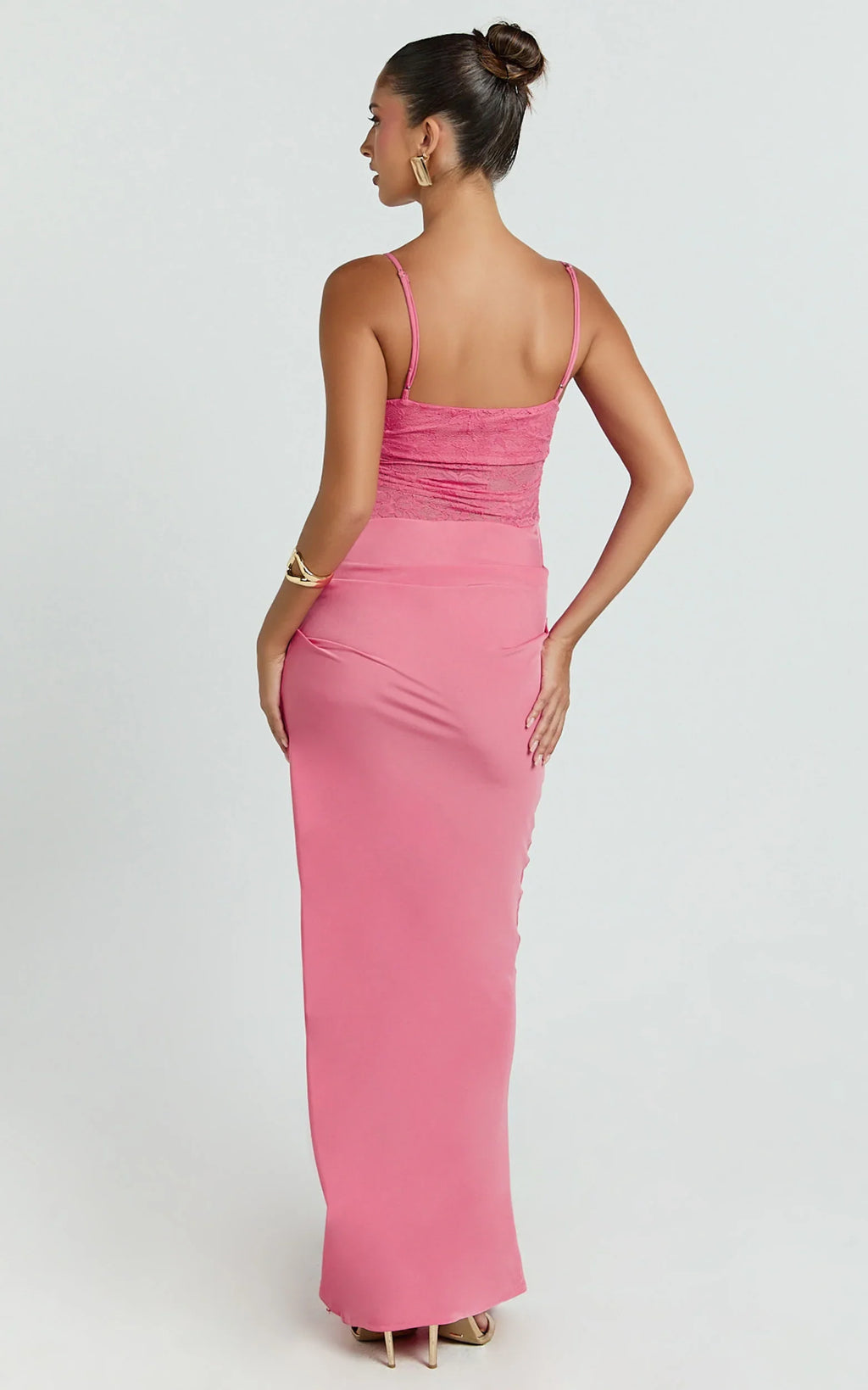 Rania Maxi Dress - Contrast Lace Bodice Bias Cowl Drop Waist Dress in Dark Pink