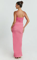 Rania Maxi Dress - Contrast Lace Bodice Bias Cowl Drop Waist Dress in Dark Pink