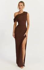 Helen Maxi Dress - One Shoulder Draped Fitted Dress in Chocolate