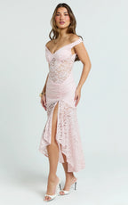 Tatum Midi Dress - Lace Off Shoulder Side Split Dress in Pink