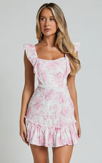Anisha Mini Dress - Flutter Sleeve Straight Neck With Tie Back Dress in Pink and White Floral Print