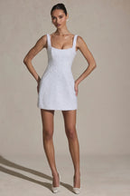 Embellished Structured A-Line Mini Dress in White