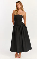 Louisa Midi Dress - Strapless Side Ruched Dropped Waist Fit And Flare Dress in Black