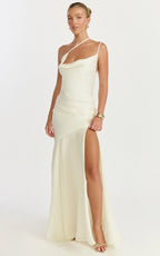 Flynn Maxi Dress - Asymmetric Neck Sheer Skirt Dress in Ivory