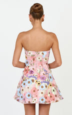 Cosima Mini Dress - Strapless 3D Floral Fit And Flare Dress in Multi