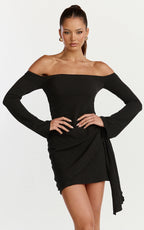 Noah Mini Dress - Off Shoulder Draped Skirt Jersey Dress in Black