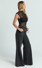 Brayden Bodysuit - High Neck Cap Sleeve Sheer Bodysuit in Black