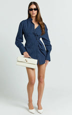 Sanya Mini Dress - Cinched Waist Stripe Dress in Navy Pinstripe