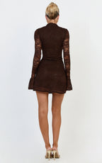 Nyla Mini Dress - Collared Keyhole Flute Sleeve Fitted Dress in Chocolate