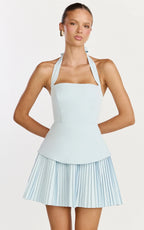 Calla Mini Dress - Halter Neck Peplum Pleated Skirt Dress in Light Blue