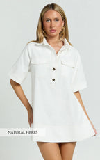 Lynda Mini Dress - Short Sleeve Collared Patch Pocket Shift Dress in Off White
