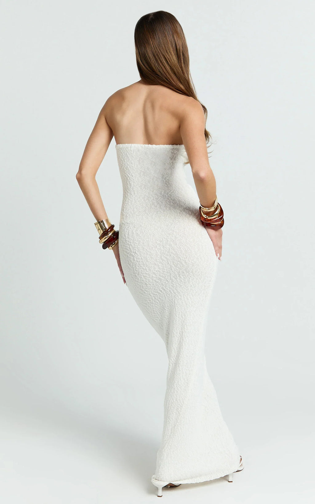 Ursula Maxi Dress - Strapless Tie Waist Boucle Knit Dress in Off White