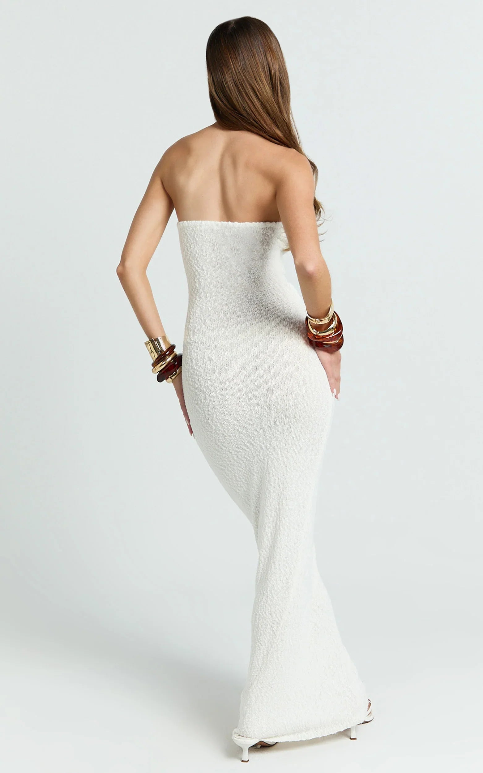 Ursula Maxi Dress - Strapless Tie Waist Boucle Knit Dress in Off White