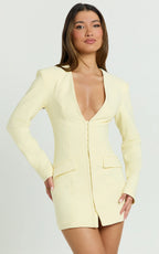 Cady Mini Dress - V Neck Hook And Eye Front Fitted Dress in Yellow