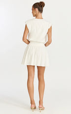 Luisa Mini Dress - Plunge Neckline Linen Blend Fit and Flare Dress in Off White
