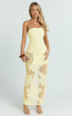 Sienna Midi Dress - Strapless Floral Embroidered Bodycon Dress in Lemon