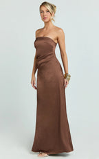 Laurie Maxi Dress - Strapless Draped Satin Dress in Chocolate