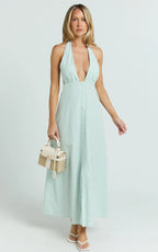 Jeienn Midi Dress - Ruched Shoulder Bodice A Line Placket Front Skirt Dress in Mint Stripe