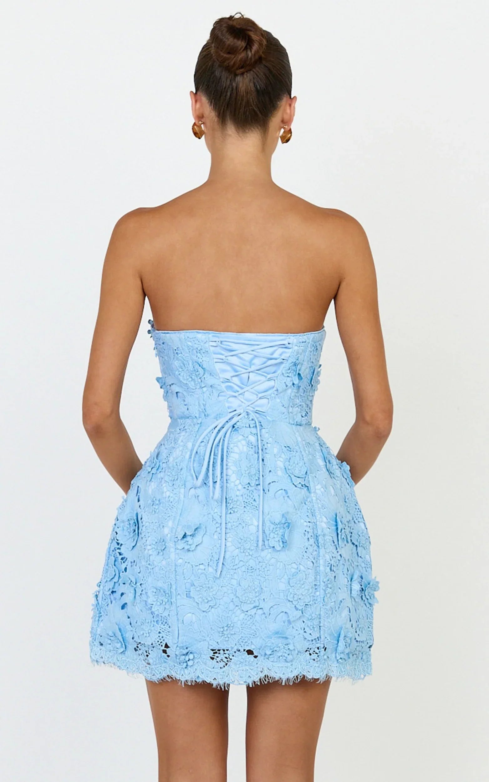 Maristella Mini Dress - Strapless Lace Up Back A Line Dress in Blue