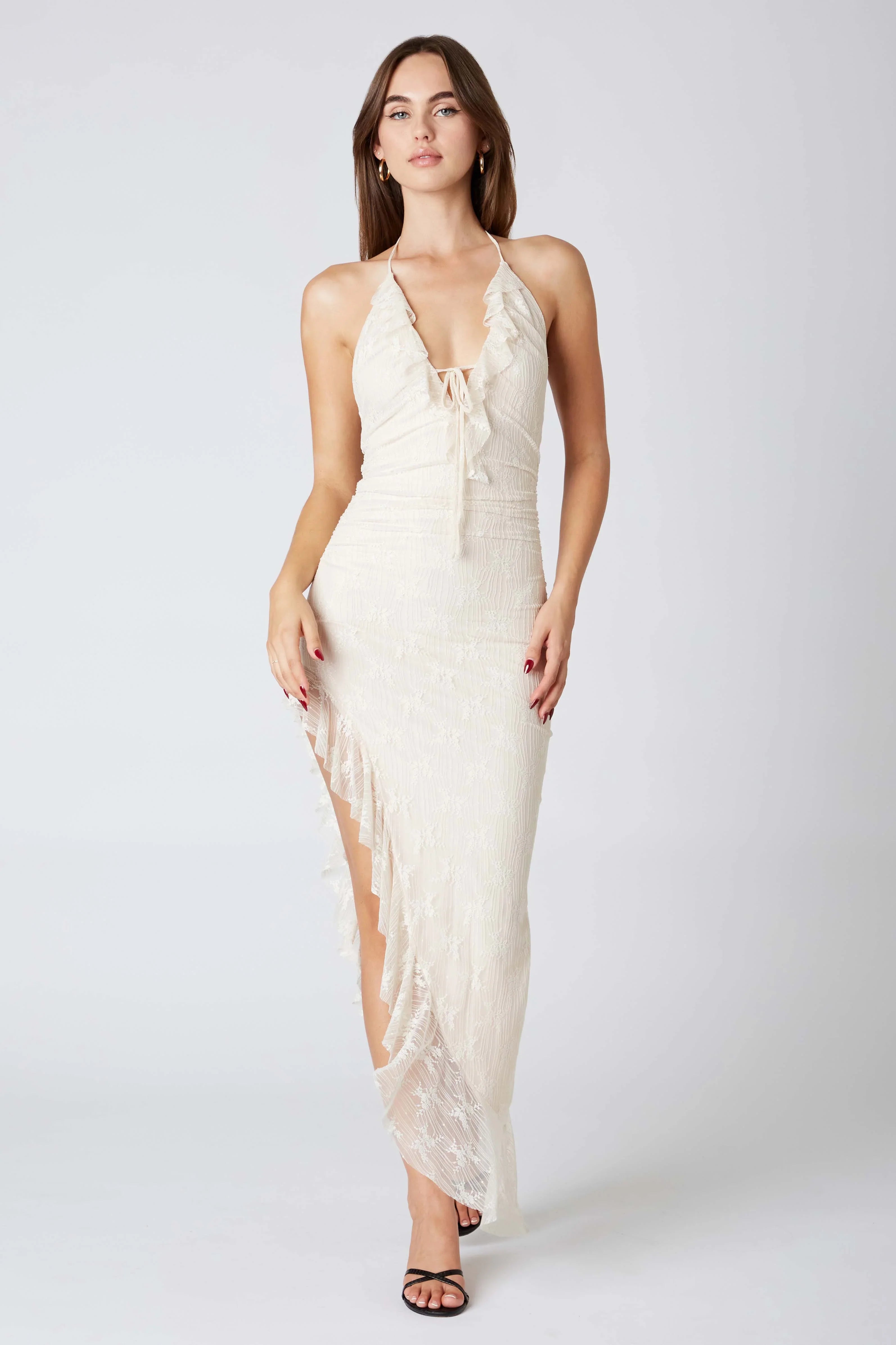 Lace Halter Asymmetrical Midi Dress