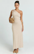 Dora Midi Dress - One Shoulder Dress in Beige